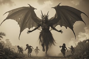 long shot, full body shot, a realistic, detailed, photograph, b&w black and white sepia photo, showing a large giant female fire demon, horrific, scary demon, entity about 20 feet tall, demon wings, long hands, long fingers, with sharp claws. the demon's arms are outstretched, she is running after a group of small peasant children about 3 feet tall, they are terrified, scared, horrified. the demon is evil, scary and meanacing. the demon wants to catch and torment the children. the atmosphere is eerie, horrific, fearful, scary,