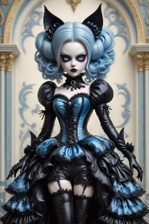 full body shot, dynamic pose, action shot, portrait of a beautiful stunning cat woman, a fusion of elaborate rococo, gothic, lolita and punk. she has large, round blue cat eyes. she has elaborate gothic make-up, cat ears, she wears an elaborate gothic outfit. perfect female anatomy, goth person, pastel goth, dal, Gaelic Pattern Style,