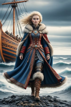 full body extreme long shot, cinematic, dynamic, dynamic, cinematic of Freydís Eiríksdóttir, Icelandic female warrior and explorer. a fusion of elaborate rococo, ancient iceland, icelandic viking gothic punk. she has very light blond hair. she has round large big blue eyes. she wears an elaborate ancient viking woman strap dress in colors of brown, beige, red, dark blue outfit, cloak, fur trim, elaborate viking celtic embroidery. detailed background of a viking ship offshore in the distance, background of a viking ship, perfect female anatomy, goth person, pastel goth, dal, Gaelic Pattern Style, full body extreme long shot, cinematic, dynamic