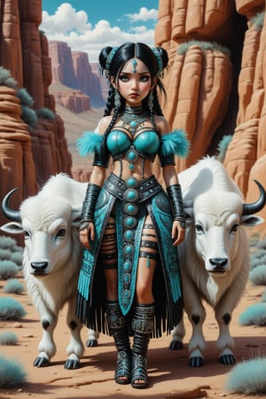 full body shot, long shot, a beautiful stunning native american indian woman, standing next to some ancient indian cliff dwellings in the american southwest. she stands next to a sacred small baby white buffalo. her beautiful outfit is a fusion of elaborate native american rococo, high fashion gothic outfit in luxurious fabrics, feathers, fur trim, rich colors. black. leather moccasins on her feet. turquoise, silver decorations, adornments, she has large, round eyes. jet black hair in elaborate braids and buns with fringe and bangs. perfect female anatomy, goth person, pastel goth, dal, Gaelic Pattern Style,