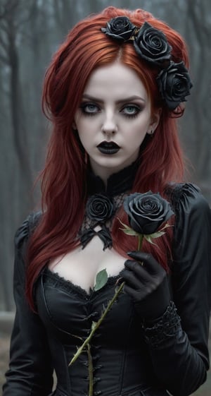 Highy detailed image, cinematic shot, (bright and intense:1.2), wide shot, perfect centralization, side view, dynamic pose, crisp, defined, HQ, detailed, HD, dynamic light & pose, motion, moody, intricate, 1girl, red haired  (((goth))) holding a black rose, attractive, clear facial expression, perfect hands, emotional, hyperrealistic inspired by necronomicon art, my baby just cares for me, fantasy horror art, photorealistic dark concept art
,goth person