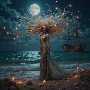 full body shot, long shot, side view, nighttime full moon, cinematic masterpiece, 8k, hdr, best quality, (highly detailed), photography, real life, extremely beautiful, ethereal, ocean witch standing on the beach, gorgeous face, beautiful smile, extremely long head to toe length big light blonde and blue streaked hair blowing in the breeze, irridescent, shiny, shimmer colorful elaborate witch outfit. blue green ocean water, bioluminescent algae glowing in the ocean waves, seashells, starfish, seaweed, scattered on the sand, large wooden pirate ship far in the distance on the ocean. perfect female anatomy, perfect hands, perfect fingers, manicured fingernails,