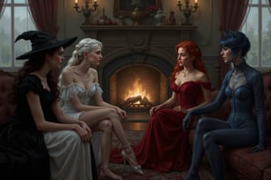 a beautiful young female witch with long curly black hair, pointy witch cap, witch outfit, beautiful young ghostly woman with white hair, the whitest pale skin, white dress, beautiful female vampire with vivid big long red hair, big red lips wearing a red victorian inspired velvet corsett dress, and beautiful cat woman, with cat ears and short blunt cut blue hair with bangs wearing a skin tight dark blue leather body suit are sitting together in an elaborate victorian house, in the living room sitting in front of a fire on chairs and couches, laughing and talking with each other. perfect anatomy, perfect hands, perfect faces.