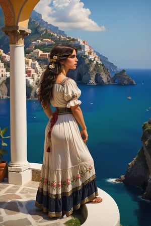 extreme long shot full body shot, side view. by john william waterhouse, pre-raphaelite, a beautiful pre-raphaelite victorian, tall young woman stands looking at the amalfi coast italy. she has long black curly hair. she wears an elaborate victorian outfit, long earrings, elaborate necklace, long skirt, embroidered peasant shirt and strappy flat sandals. detailed background of amalfi coast. john william waterhouse, pre-raphaelite, perfect female anatomy.