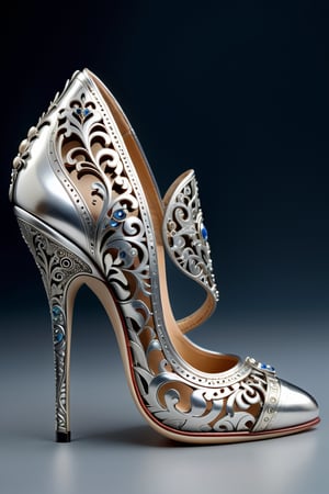 digital art, 8k, picture of a high heel woman's shoe, the heel is a replica of a miniature guillotene, shoe made of silver, rest of shoe is engraved in an intricate pattern, side view of shoe beautiful, highly detailed, whimsical, fantasy, ,more detail XL