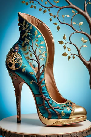 digital art, 8k, picture of a high heel woman's shoe, the shoe has gustav klimpt's tree of life pattern, shoe made of silk fabric, side view of shoe beautiful, highly detailed, whimsical, fantasy, ,more detail XL