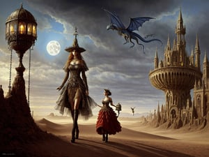 A beautiful royal gypsy magical woman walking through the desert. Painting by Luis Royo. surrealism. Machinarium. elaborate dress in colors of red, gold, royal blue, black. her tiny flying pet dragons are flying around the ornate large lantern she is carrying. the detailed background is of a vast desert, stormy sky, dark clouds, full moon, desert fortress in the distance, Samorost and Gaudi. Remedios Varo. Modern style. Surrealism. elaborate earrings, necklaces, chain belts, bracelets on both wrists, ,realistic,Detailedface