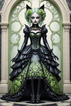 full body shot, dynamic pose, portrait of a beautiful stunning cat woman, a fusion of elaborate rococo, gothic, lolita and punk. she has large, round green cat eyes. she has elaborate gothic make-up, cat ears, she wears an elaborate gothic outfit. perfect female anatomy, goth person, pastel goth, dal, Gaelic Pattern Style,