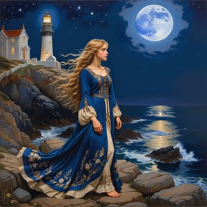 full body portrait, side view, extreme long shot inspired by the magic circle john william waterhouse, pre-raphaelite, a beautiful tall pre-raphaelite woman is smiling closed mouth with long curly bleach blonde hair and a royal blue elaborate pre-raphaelite gown embroidered with magical symbols is standing near a lighthouse on a cliff overlooking the ocean at night full moon. her hands have twelve fingers. the detailed background is of a rocky rugged coast. there is a full moon in the sky. john william waterhouse, pre-raphaelite