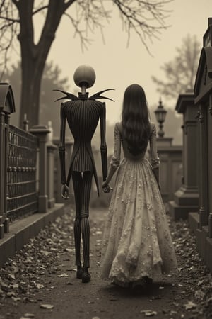 long shot, a realistic, detailed, photograph, b&w black and white sepia photo, the animated cartoon character Jack Skellington from nightmare before christmas and his animated cartoon girlfriend sally, walking side by side through a deserted cemetary. the atmosphere is eerie and strange.