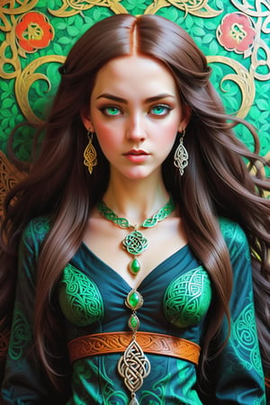 full body shot combine all of the below to make a beautiful celtic irish young woman, wearing an elaborate ancient celtic irish inspired necklace, jewelry, long dangle earrings, sexy intricate celtic irish outfit, hayv kahraman style, background of vivid colorful intricate william morris wallpaper