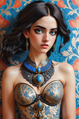 combine all of the below to make a beautiful greek young woman, wearing an elaborate ancient greek inspired necklace, jewelry, long dangle earrings, sexy intricate greek corset, hayv kahraman style, background of vivid colorful intricate william morris wallpaper