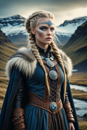 cowboy shot, cinematic, dynamic, dynamic, cinematic of Freydís Eiríksdóttir, Icelandic female warrior and explorer. a fusion of elaborate rococo, ancient iceland, icelandic viking gothic punk. she has very light blond hair in elaborate braids and buns. she has blue eyes. she has elaborate viking celtic warrior face warpaint, she wears an elaborate ancient icelandic viking woman's strap dress in colors of brown, beige, black, dark blue, cloak with large viking brooch, fur trim, elaborate viking celtic embroidery. detailed background of rugged icelandic mountains. perfect female anatomy, goth person, pastel goth, dal, Gaelic Pattern Style, cowboy shot, cinematic, dynamic