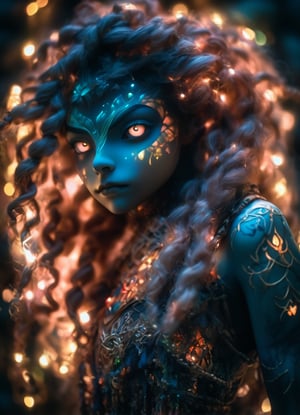 1/3 shot portrait dynamic pose, (sacred night and elf puppet),(ultra-fine HDR), extremely delicate and beautiful girl with translucent opalescent skin, closed mouth, glowing intricate round human detailed eyes, long vivid curly red hair, glowing tattoos on face, 