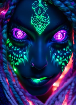 close up portrait (sacred night and elf puppet),(ultra-fine HDR), extremely delicate and beautiful girl with white traslucent opalescent skin, closed mouth, glowing intricate round human detailed eyes, glowing intricate tribal tattoos on face, glowing orb with beautiful female face, vivid neon purple, pink, green, red hair