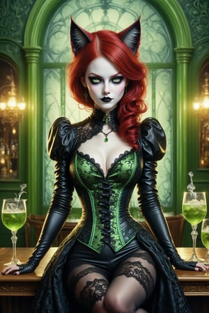 full body shot, action shot, a beautiful stunning cat woman, she sits in a french absinthe bar at night. a glass of green absinthe is on the table in front of her. her beautiful outfit is a fusion of elaborate rococo, high fashion gothic, brocade rich fabrics, rich colors. she has large, round cat eyes. vivid very long red hair, cat ears,  perfect female anatomy, goth person, pastel goth, dal, Gaelic Pattern Style,