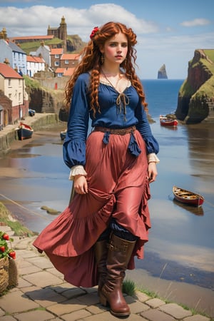 extreme long shot, full body shot,  by john william waterhouse, pre-raphaelite, a beautiful pre-raphaelite victorian, tall young woman stands in Staithes, England. she has long strawberry red curly hair in twin tails. she wears an elaborate victorian outfit, long sleeve poet shirt, long skirt, leather boots. she wears long dangle boho earrings detailed background of Staithes, England and coast. john william waterhouse, pre-raphaelite, perfect female anatomy.