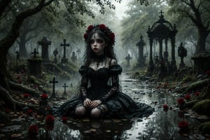 long shot, side view, create an image of a doll-like figure with large detailed green eyes and pale porcelain face. she looks away from the viewer and is sad. a beautiful sad gothic girl, long hair, wearing a detailed elaborate gothic outfit. sitting under a weeping willow tree in a cemetary in the rain, cloudy sky, in the puddle of water in front of her is a broken heart in the water's reflection. red and black long stem roses scattered on the ground. in the style of Toon Hertz, Mark Ryden, Nicoletta Ceccoli. she has long grey ringlet curls hair. she has elaborate decorations and adornments in her hair. she wears an elaborate gothic outfit in colors of black, red, silver, grey. she wears chunky lace up boots and lace stockings. full body shot. (((perfect hands))) perfect fingers))) 
