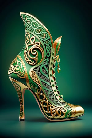 digital art, 8k, picture of a high heel woman's shoe, the shoe is inspired by ancient celtic symbols and patterns, shoe in greens, celtic symbols and patterns in gold, whimsical, side view of shoe beautiful, highly detailed, whimsical, fantasy, ,more detail XL