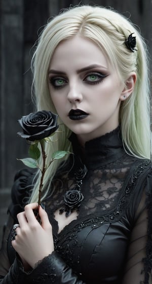Highy detailed image, cinematic shot, (bright and intense:1.2), wide shot, perfect centralization, side view, dynamic pose, crisp, defined, HQ, detailed, HD, dynamic light & pose, motion, moody, intricate, 1girl, white blond haired  (((goth))) light green eyes, holding a black rose, attractive, clear facial expression, perfect hands, emotional, hyperrealistic inspired by necronomicon art, fantasy horror art, photorealistic dark concept art
,goth person