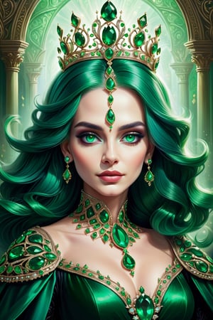 digital art, portrait of The Queen of emerald, 8k, emerald colored hair, emerald colored eyes, adorned in emeralds, beautiful, highly detailed, whimsical, fantasy, 