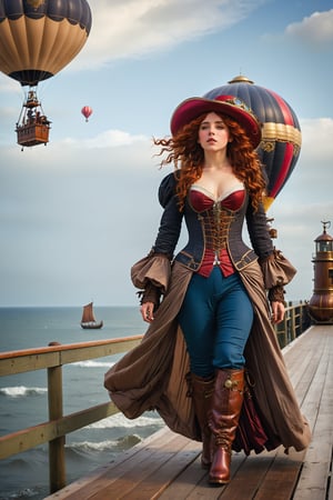 lwide view long shot. by john william waterhouse, pre-raphaelite, a beautiful steampunk woman walks on a wooden pier next to the ocean. she has curly long red hair blowing in the wind. she wears an elaborate steampunk victorian outfit, hat, jacket, cloak and boots. in the background high in the sky is a steampunk hot air balloon and steampunk airship. john william waterhouse, pre-raphaelite, perfect female anatomy.