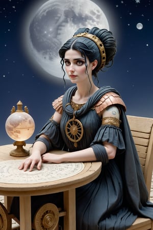 Cinematic scene - close up shot of Hypatia of alexandria, mathematician, astronomer, and philosopher in ancient Alexandria in a fusion of rococo, greco-roman and gothic punk. she has jet black hair in elaborate braids and buns.  she has round large big copper eyes, she has a benevolent smile and intelligence emanates from her. she wears a typical "philosopher's cloak" a Ionic chiton or doric chiton, and roman sandals on her feet. she is facing away from the viewer sitting at an ancient wooden table outside under the night sky with a full moon and stars in ancient alexandria egypt. on the table sits an astrolabe (hand-held model of the universe used for solving astrological calculations) and she is inscribing math calculations on papyrus paper. she is an astronomer and teacher. perfect female anatomy, goth person, pastel goth, dal, Gaelic Pattern Style, 
