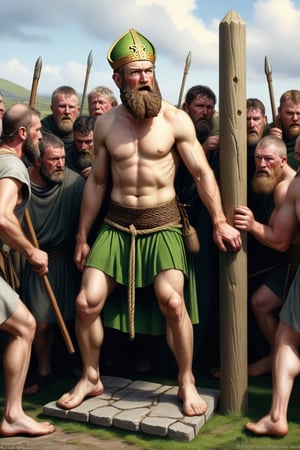 very detailed scene of saint patrick bound to a wooden stake by rope, captured by celtic warriors, captive in the 5th century ireland photo taken from a distance hyperrealism