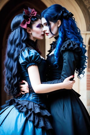 cowboy shot, vampire couple, two women lovers gothic, side by side, both are looking at each other passionately hugging each other tightly. one vampire woman has long curly blue hair, blue elaborate gothic lolita outfit and the other vampire woman has long curly black hair in a black elaborate lolita gothic outfit. they are embracing each other, horror, dark romantism, raw concept art, masterpiece illustration