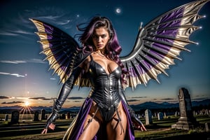 High definition vivid masterpiece, a beautiful vampire woman, elaborate spikey super long, messy purple hair, blowing hair, red glowing big detailed eyes, large tattered devil wings, realistic, steampunk, night time, floating above a gothic castle, gravestones, full moon, starry sky, steampunk mechanical glowing full moon, light shafts, detailed background, boots, full body, Makeup,Masterpiece, full body,realistic