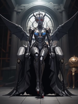 portrait of a cyborg android demon queen, pure evil, glowing red eyes, full body shot, very long talons on her hands, razor sharp mecha metal wings on fire and glowing, metal horns, fierce, detailed background of the queen sitting on a metal, gieger throne. full body, cyborg,More Detail