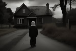 full body shot, a realistic black and white photo from the early 1900's showing an old run down house, a large demonic being, entity about 8 feet tall, long hands, long fingers, with sharp claws, standing on the road next to the house looking scary and meanacing. three young children, in dirty messy clothes, backs to viewer, are standing in front of the demon, waiting for instructions. cloudy day, dark sky, 