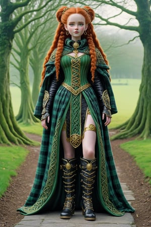 full body shot extreme long shot of Cartimandua, queen of the British Celtic Brigantes ad 51. a fusion of elaborate rococo, ancient english, english celtic gothic punk. she has long copper hair in elaborate braids and buns. she has round large big green eyes. light freckles on her face. she wears an elaborate ancient plaid dress in colors of ivory, red, green, black, elaborate gold torc aroundher neck, wool plaid cape fastened with a large gold celtic brooch. black leather boots. background outside at Swinton Druids Temple North Yorkshire, England perfect female anatomy, goth person, pastel goth, dal, Gaelic Pattern Style, full body shot, long shot, Queen Mavia