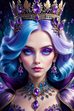 digital art, portrait of The Queen of amethyst, 8k, amethyst blue colored hair, amethyst colored eyes, adorned in amethyst blue, beautiful, highly detailed, whimsical, fantasy, 