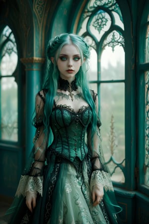 1girl,solo,full body shot of an elf gothic lolita  princess, in fairy elfe Lolita fashion. gown with intricate arabesque patterns, layers of tulle and lace. corset-style bodice. extremely long teal hair with blond streaks. Large expressive green eyes, pale skin,  Opulent palace backdrop with arched windows, silk curtains. Soft, dreamy lighting. Blend of kawaii, gothic, royal, and Arabian Nights aesthetics