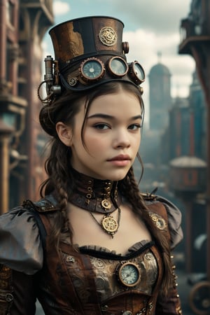 medium shot of 1girl, a serene and beautiful 
Hailee Steinfeld with a closed mouth smile. she is dressed in an elaborate steampunk outfit. behind her is a steampunk cityscape.