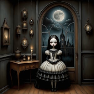 Cinematic scene - long shot, a gothic small girl wearing elaborate gothic lolita dress, gloves, in her gothic room casting spells, in the style Nicoletta Ceccoli, Mark Ryden and Esao Andrews. minimalist style. a detailed elaborate gothic bedroom. dark gothic william morris wallpaper, creepy paintings, dolls, ancient leather spellbooks, candelabra, skulls, witch brooms, ghosts. midnight. dark outside. full moon visible through large window. in the style of esao andrews, Nicoletta Ceccoli, REALISTIC