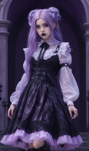 photorealistic concept art, 1girl,nordic Young girl, purple long hair, messy hair, elaborate hair, hair buns, elaborate outfit, pastel gothic Fashion Girl,Grunge-Lolita Fashion, girly pastel lace blouse,combat boots,The ethereal glow, metallic accessories, and moody atmosphere create a mystical aura,
Gothic Lolita long Skirt,lace Skirt, her look exudes dark glamour,natural volumetric cinematic perfect light,pastelbg,pastel goth