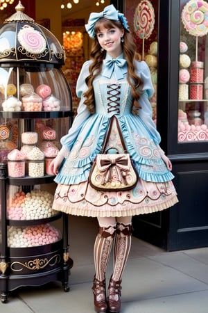 full body shot, beautiful happy young 17-year old girl model with copper extra long voluminous straight discheveled hair, she has decorative clips and adornments in her hair. she has light blue eyes, perfect pale skin and cute smile on her face. the girl is wearing a high fashion elaborate sweet lolita outfit, intricate patterns, cute intricate stockings, frilly, elaborate embroidery, lace, bows, buttons, inspired by Innocent World, Victorian Maiden and Mary Magdalene fashions, cute high heeled boots, and she has perfect manicured hands. she is holding a very cute designer lolita purse handbag. the detailed elaborate background shows the girl shopping in an elaborate upper class cluttered style candy store filled by many different types of candies and confections including big colorful lolipops, cotton candy, chocolate fountain, marshmellows, bubble gums, multi colored hard candies in glass canisters, cookies, full body shot 