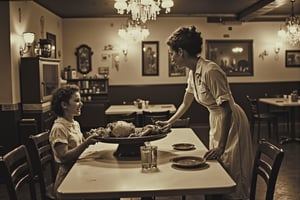 long shot, full body shot, side view. a realistic, detailed, photograph, b&w black and white sepia photo, showing a mother and her children in a 1950's era restaurant diner. a 1950's waitress is bringing a large platter with a human torso on the plate, to the table. the mom and children are looking at the meat platter with excited and happy look on their faces, they can't wait to eat. the atmosphere is eerie and strange.