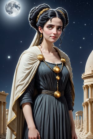 Cinematic scene - long shot of a 40-year old Hypatia of alexandria, mathematician, astronomer, and philosopher in ancient Alexandria in a fusion of rococo, greco-roman and gothic punk. she has jet black hair in elaborate braids and buns. on her head is a shawl. she has round large big copper eyes, she has a benevolent smile and intelligence emanates from her. she wears a modest floor length "philosopher's cloak" a Ionic chiton or doric chiton, and roman sandals on her feet. she is facing away from the viewer looking at the night sky outside under the crescent moon, stars and solar system in ancient alexandria egypt. a large illustrated astronomical astrological map piles of ancient paper scrolls. she is an astronomer and teacher. perfect female anatomy, goth person, pastel goth, dal, Gaelic Pattern Style, Cinematic scene - long shot