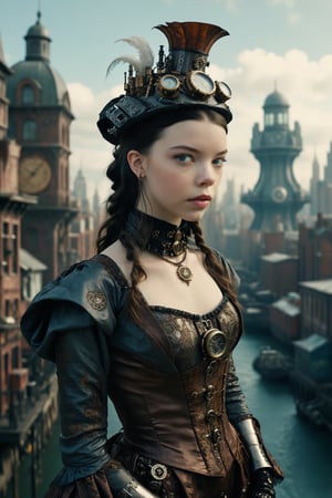 medium shot of 1girl, a beautiful Anya Taylor-Joy she is dressed in an elaborae steampunk outfit. behind her is a seampunk cityscape.