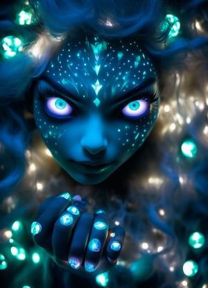 close up portrait (sacred night and elf puppet),(ultra-fine HDR), extremely delicate and beautiful girl, (((hidden hands and fingers))) glowing intricate round human detailed eyes, glowing tattoos on face, glowing floating translucent irridescent orb, big long white hair, 
