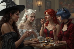 a beautiful young female witch with long curly black hair, pointy witch cap, witch outfit, beautiful young ghostly woman with white hair, the whitest pale skin, white dress, beautiful female vampire with vivid red hair, big red lips wearing a red victorian inspired velvet dress, and beautiful cat woman, with cat ears and short blunt cut blue hair with bangs wearing a skin tight leather body suit are sitting in a halloween inspired decorated coffee shop drinking coffee, tea and having a variety of halloween decorated cookies, with each other smiling and talking. perfect anatomy, perfect hands, perfect faces.