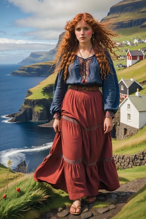 extreme long shot, full body shot,  by john william waterhouse, pre-raphaelite, a beautiful pre-raphaelite victorian, tall young woman stands in Gásadalur Village, Faroe Islands. she has long strawberry red curly hair with fringe, bangs. she wears an elaborate victorian boho outfit, long sleeve peasant shirt, long skirt, flat sandals. she wears long dangle boho earrings detailed background of Gásadalur Village, Faroe Islands and coast. john william waterhouse, pre-raphaelite, perfect female anatomy.