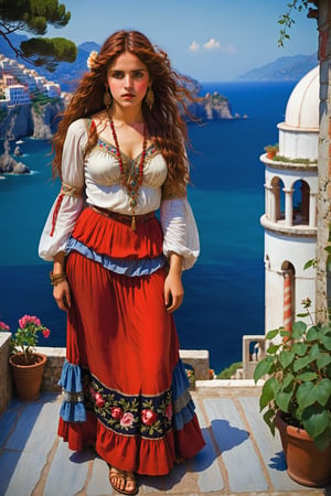 extreme long shot full body shot, by john william waterhouse, pre-raphaelite, a beautiful pre-raphaelite victorian, tall young woman stands looking at the amalfi coast italy. she has long curly big vivid red loose hair. she wears an elaborate victorian outfit, long earrings, elaborate necklace, long skirt, embroidered peasant shirt and strappy flat sandals. detailed background of amalfi coast. john william waterhouse, pre-raphaelite, perfect female anatomy.