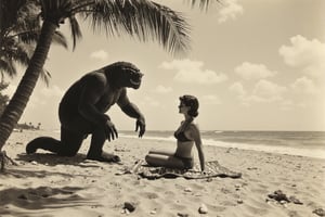 long shot, a realistic, detailed, photograph, b&w black and white sepia photo, showing a beautiful southern california deserted beach. the creature from the black lagoon is talking to a woman in a 1950's bikini sitting on a towel on the beach under a palm tree. the atmosphere is eerie and strange.