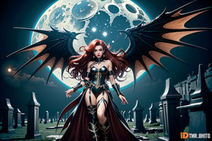 High definition vivid masterpiece, a beautiful vampire woman, elaborate spikey super long, messy red hair, blowing hair, red glowing big detailed eyes, large tattered devil wings, realistic, steampunk, night time, floating in the sky above a gothic castle, gravestones, full moon, starry sky, steampunk mechanical glowing full moon, light shafts, detailed background, boots, full body, Makeup,Masterpiece, full body,realistic