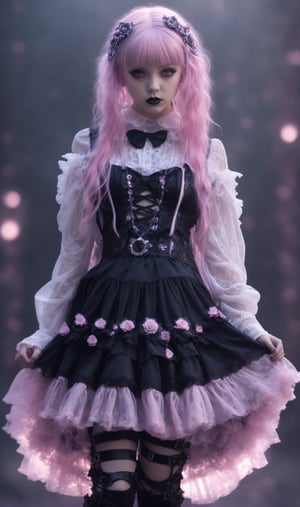 photorealistic concept art, 1girl,nordic Young girl, pink long hair, messy hair, elaborate hair, elaborate outfit, Fairy Grunge Fashion Girl,Grunge-Lolita Fashion, torn girly pastel lace blouse,combat boots,The ethereal glow, metallic accessories, and moody atmosphere create a mystical aura,
Damaged Gothic Lolita long Skirt,lace Skirt,runge elements, her look exudes dark glamour,natural volumetric cinematic perfect light,pastelbg,pastel goth