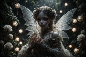 long shot, side view, Create an image of a doll-like figure with large detailed eyes and pale porcelain face. gothic fairy with translucent wings, flitting through a garden of dark flowers and glowing orbs, illuminating the night with her ethereal presence.(((perfect hands))) (((perfect fingers))) 
